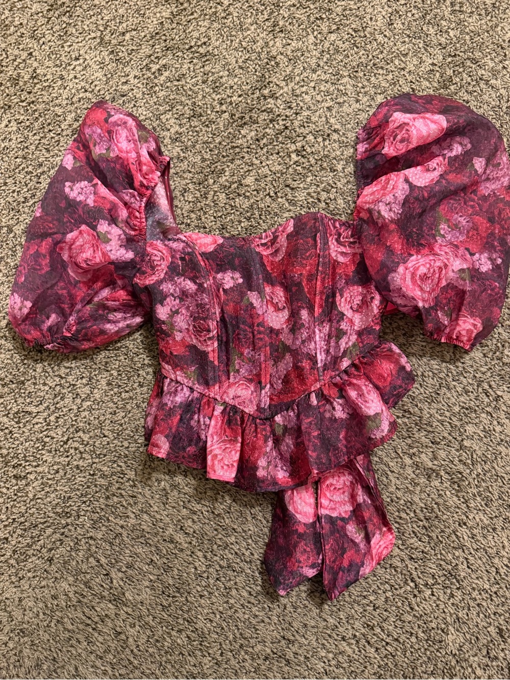 Pink Floral Puff-Sleeve Peplum Top